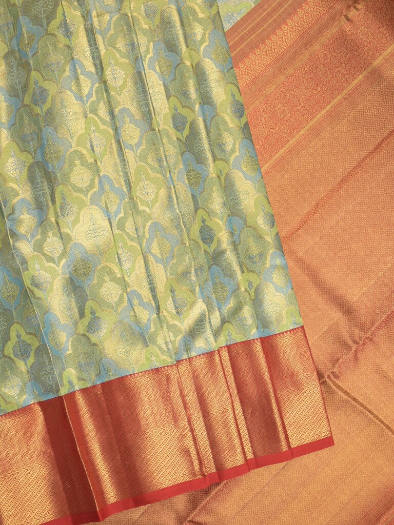 Traditional bridal kanchi tissue pattu saree in blue color with allover rich zari weaves