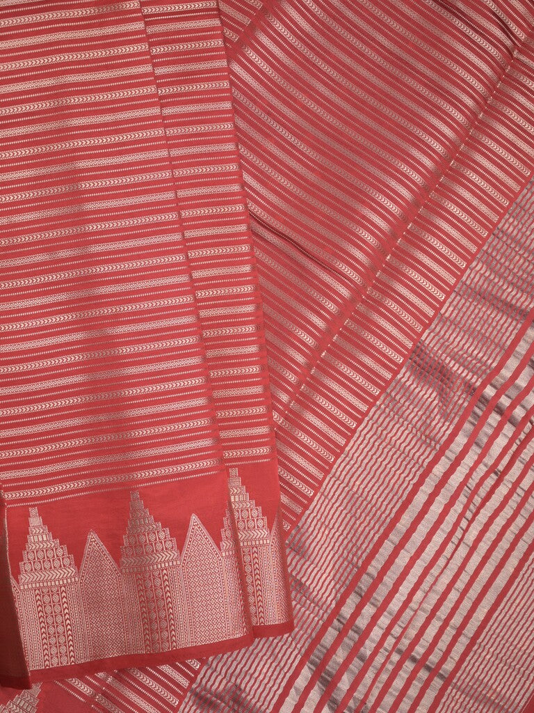 Banaras fancy saree red color allover stripes & zari border with zari pallu and attached plain blouse