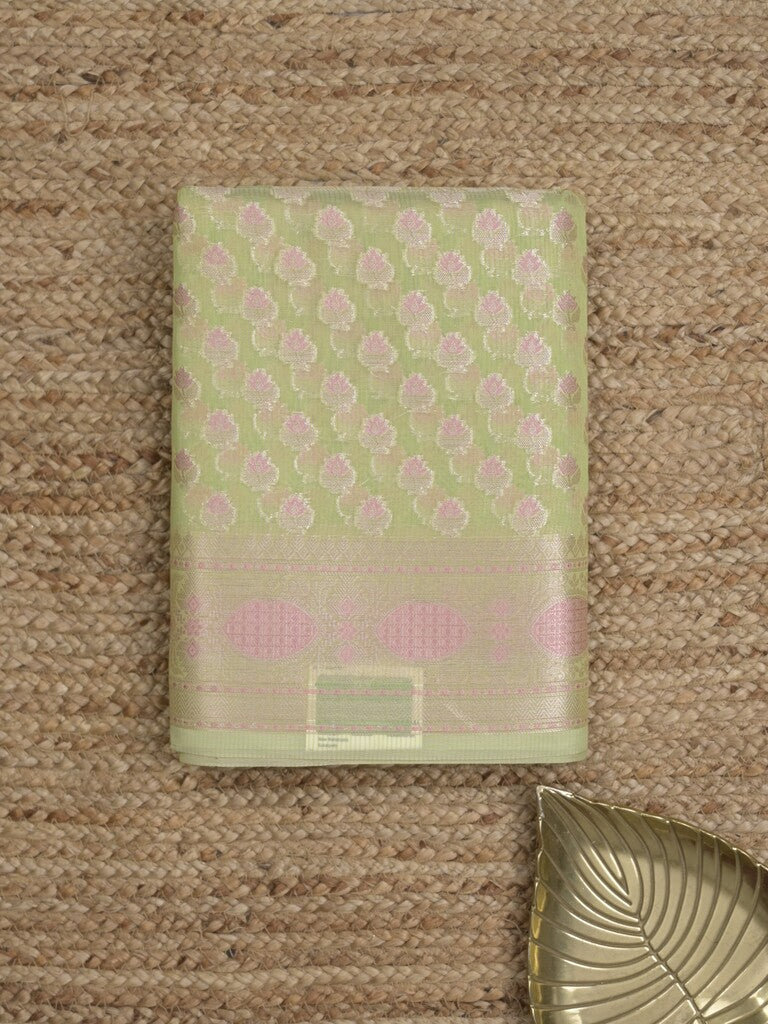 Chanderi fancy Saree in pastel green color allover zari motifs with Zari Border & tissue blouse