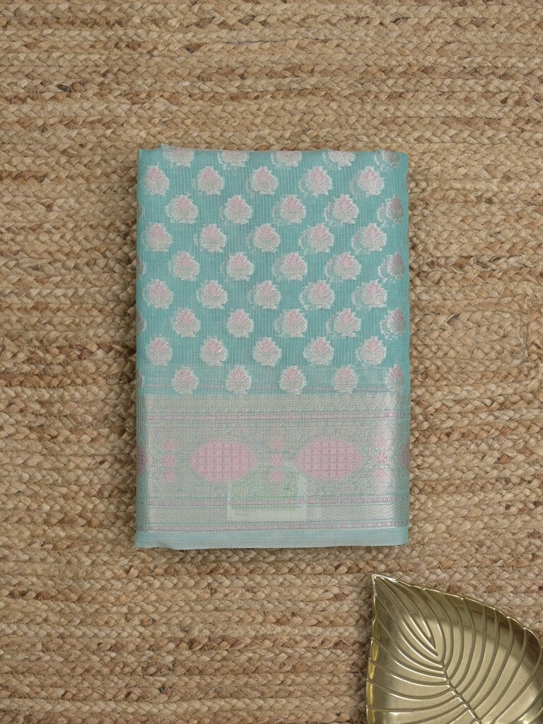 Chanderi fancy Saree in sky blue color allover zari motifs with Zari Border & tissue blouse