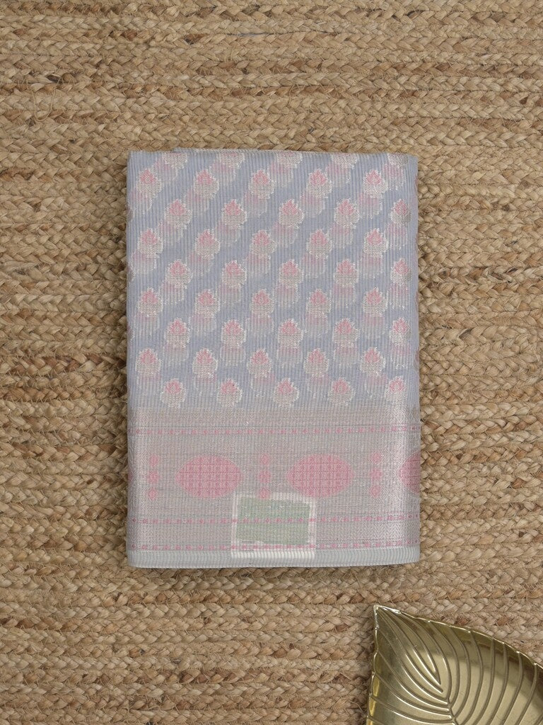 Chanderi fancy Saree in bluish grey color allover zari motifs with Zari Border & tissue blouse