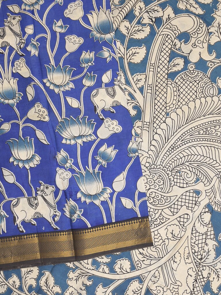 Kalamkari silk fancy saree for women | royal blue | zari border | printed blouse