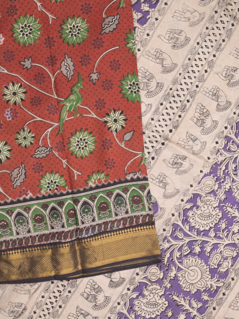 Kalamkari silk fancy saree for women | red | zari border | printed blouse