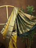 Kanchi pattu saree yellowish green color allover zari weaves & kanchi border with rich pallu and contrast plain blouse