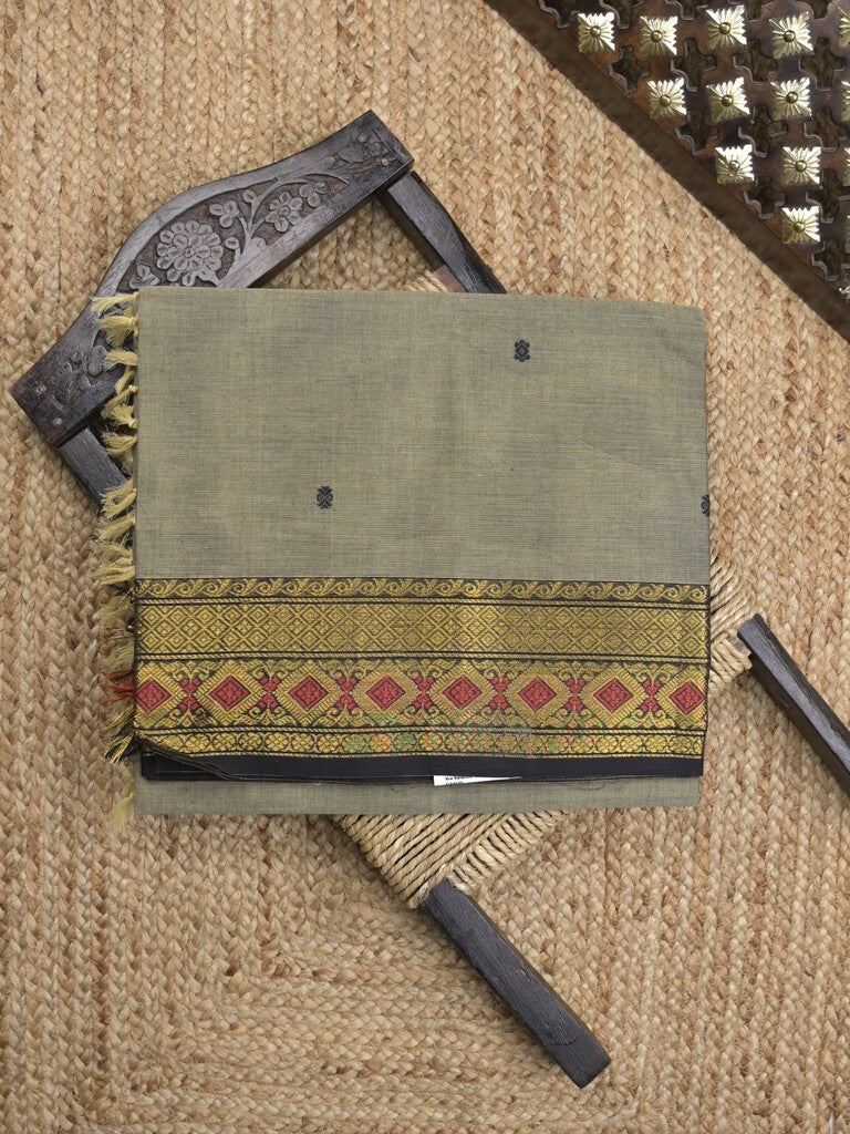 Kanchi cotton saree in grey color allover motifs with self pallu and matching blouse