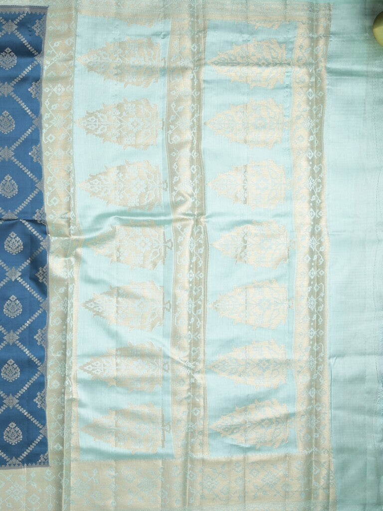 Raw mango pattu saree peacock blue color allover zari weaves & zari border with rich pallu and contrast plain blouse