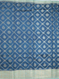 Raw mango pattu saree peacock blue color allover zari weaves & zari border with rich pallu and contrast plain blouse