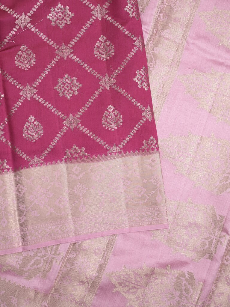 Raw mango pattu saree magenta color allover zari weaves & zari border with rich pallu and contrast plain blouse