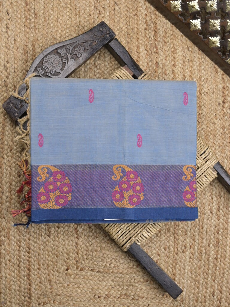 Kanchi cotton saree in light blue color allover motifs with self pallu and matching blouse