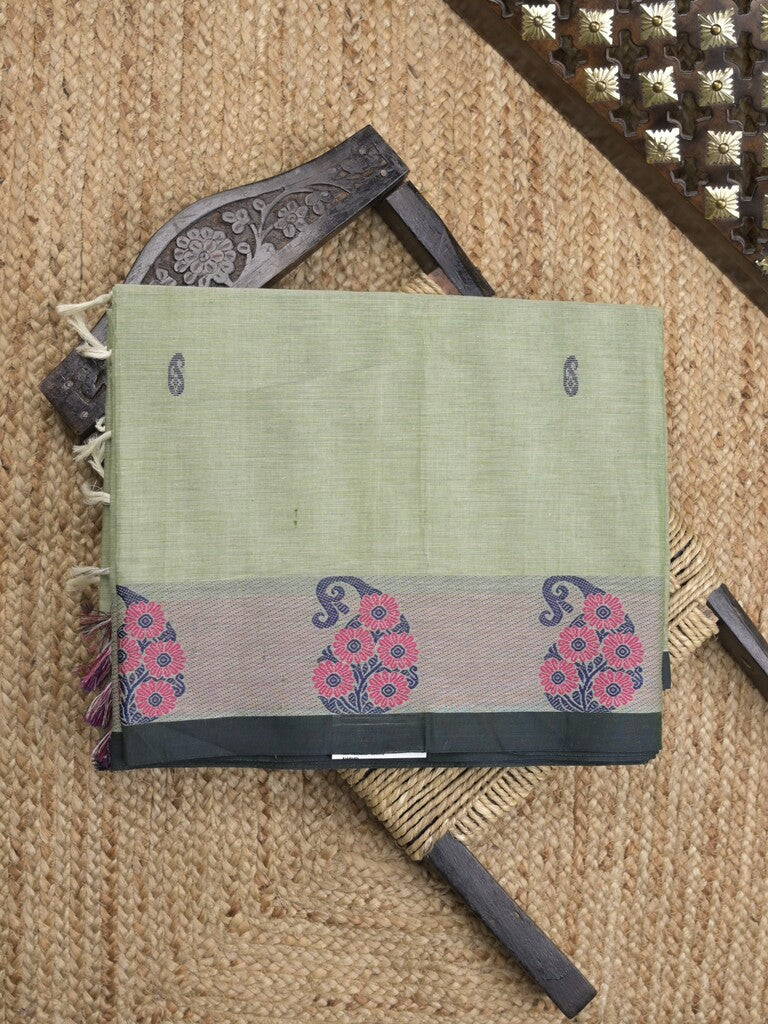 Kanchi cotton saree in light pista green color allover motifs with self pallu and matching blouse