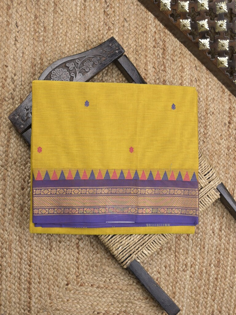 Kanchi cotton saree in yellow color allover checks with self pallu and matching blouse