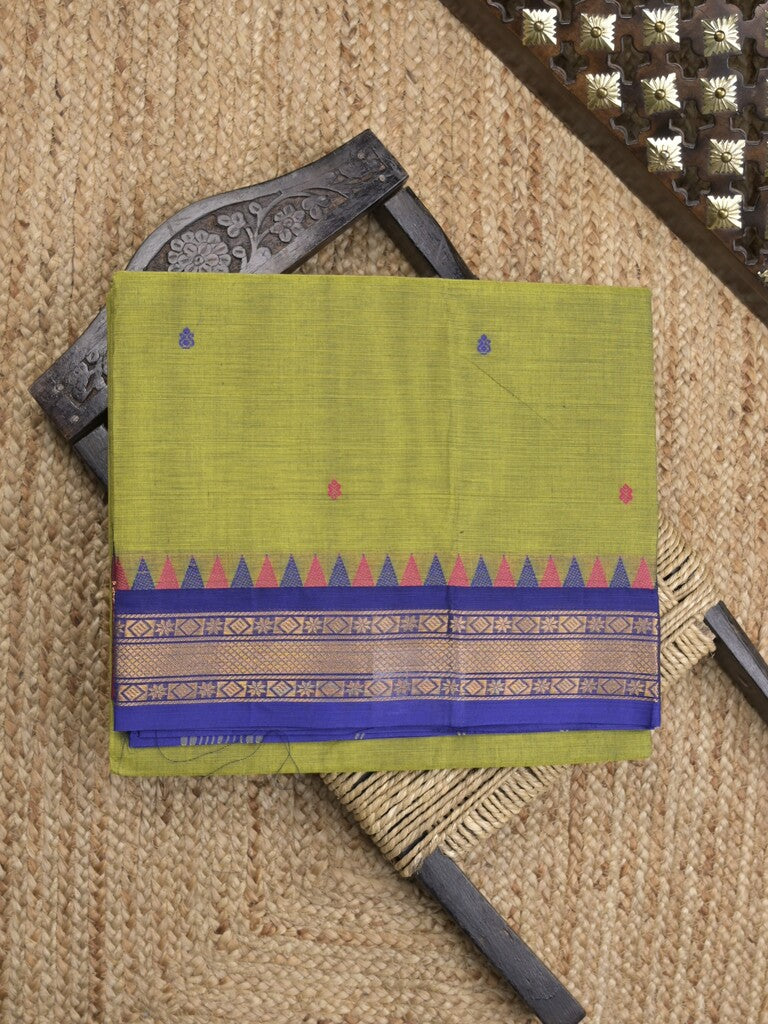 Kanchi cotton saree in olive green color allover checks with self pallu and matching blouse