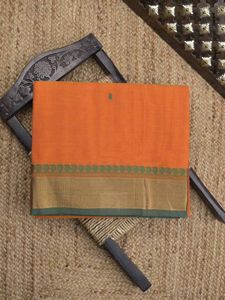 Kanchi cotton saree in orange color allover checks with self pallu and matching blouse
