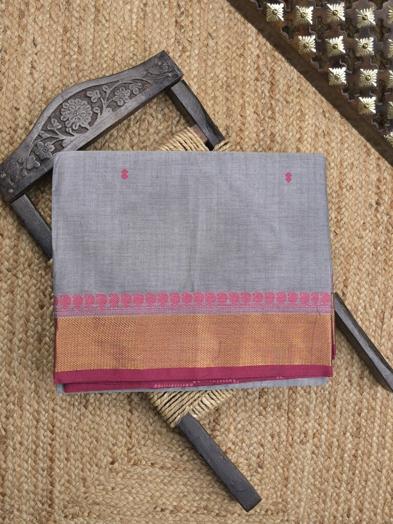 Kanchi cotton saree in bluish grey color allover checks with self pallu and matching blouse