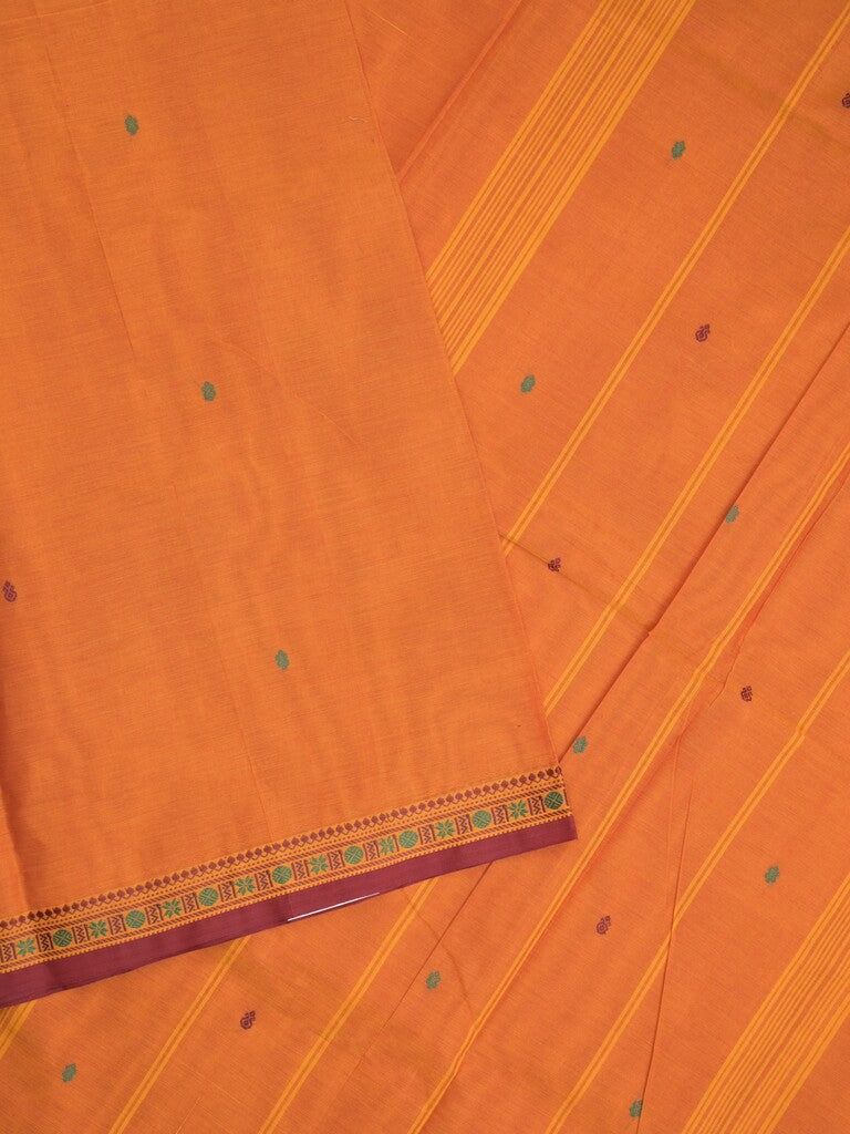 Kanchi cotton saree in orange color allover checks with self pallu and matching blouse