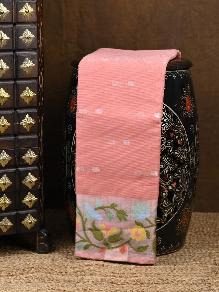 Kota fancy saree peach color allover zari motifs & zari border with self pallu and running blouse