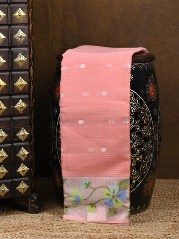 Kota fancy saree peach color allover zari motifs & zari border with self pallu and running blouse