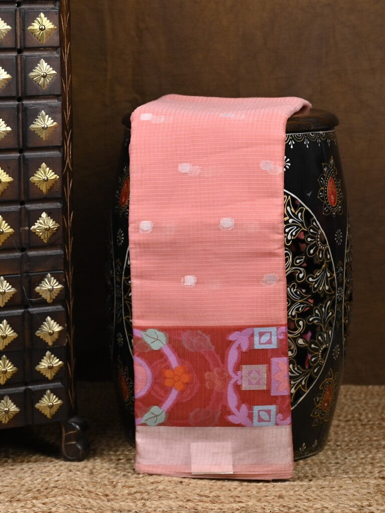 Kota fancy saree peach color allover zari motifs & zari border with self pallu and running blouse