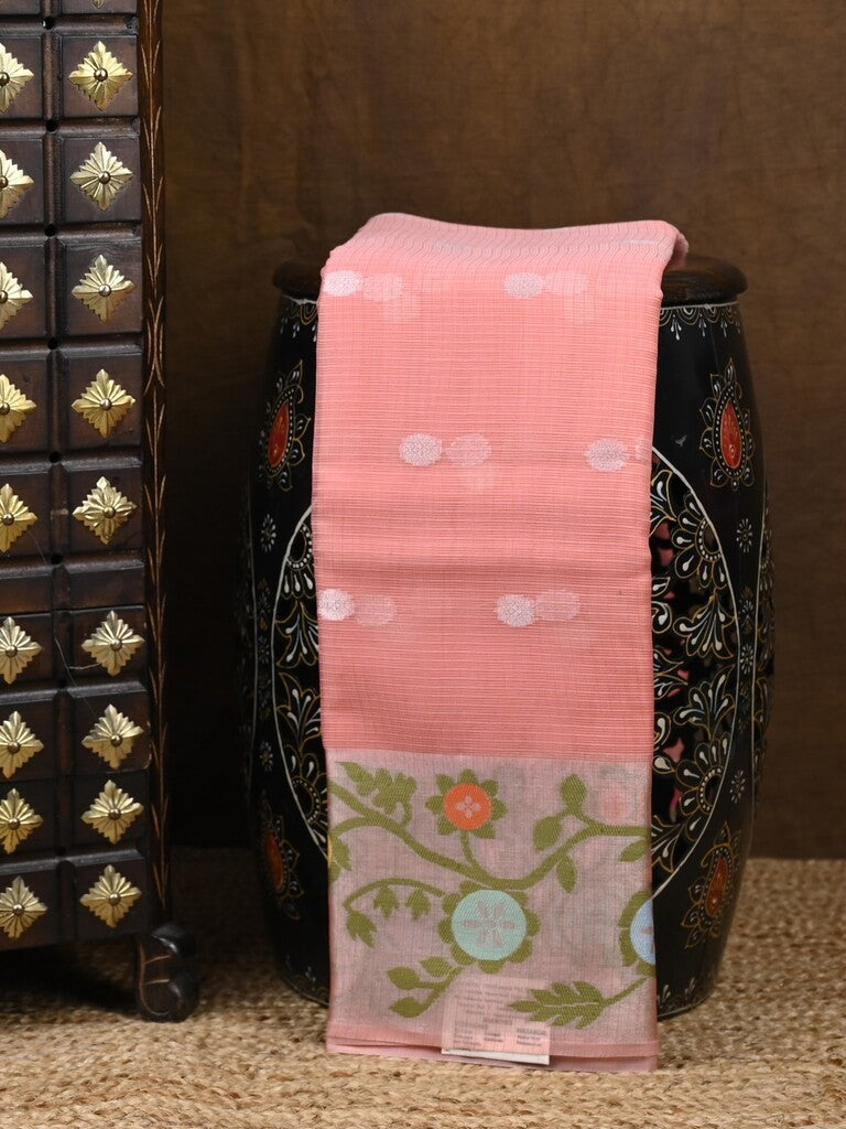 Kota fancy saree peach color allover zari motifs & zari border with self pallu and running blouse