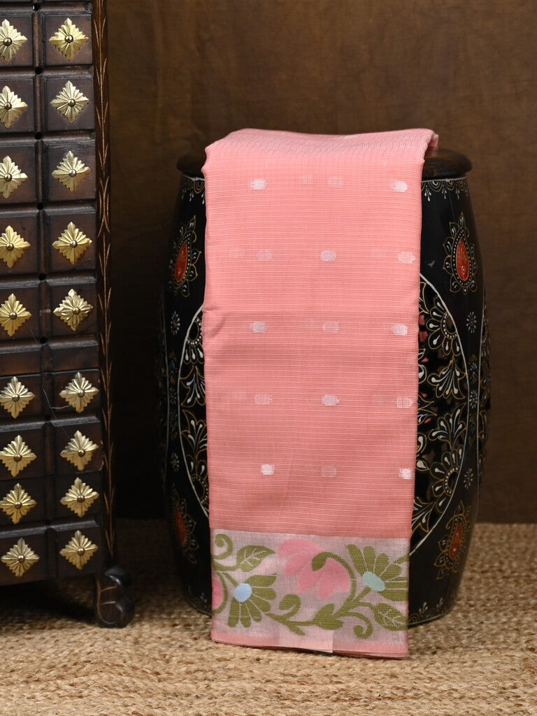 Kota fancy saree peach color allover zari motifs & zari border with self pallu and running blouse