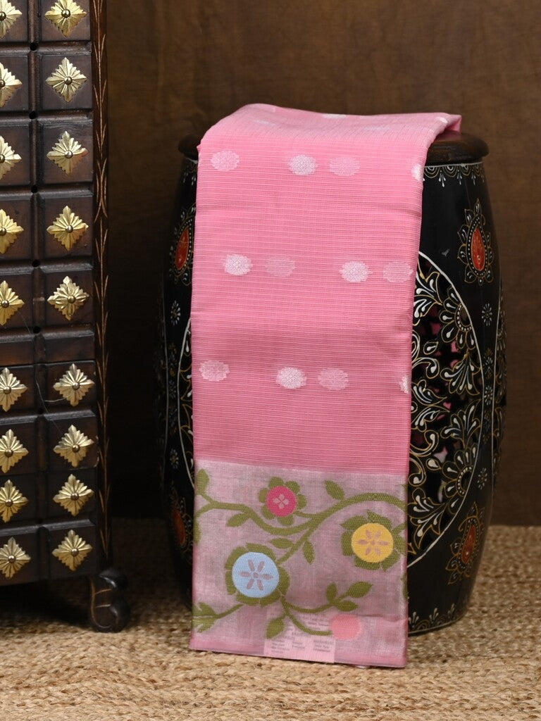 Kota fancy saree pink color allover zari motifs & zari border with self pallu and running blouse