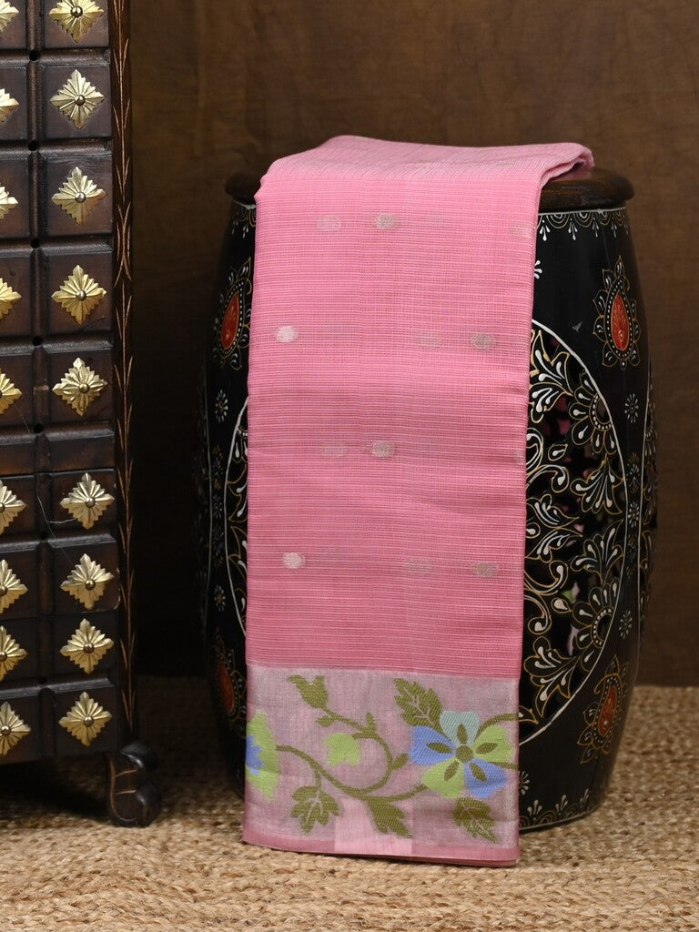 Kota fancy saree pink color allover zari motifs & zari border with self pallu and running blouse