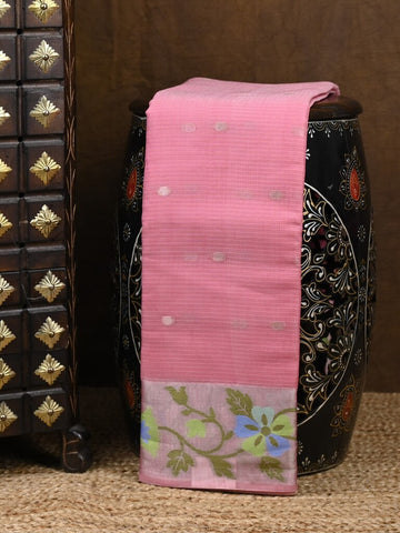 Kota fancy saree pink color allover zari motifs & zari border with self pallu and running blouse