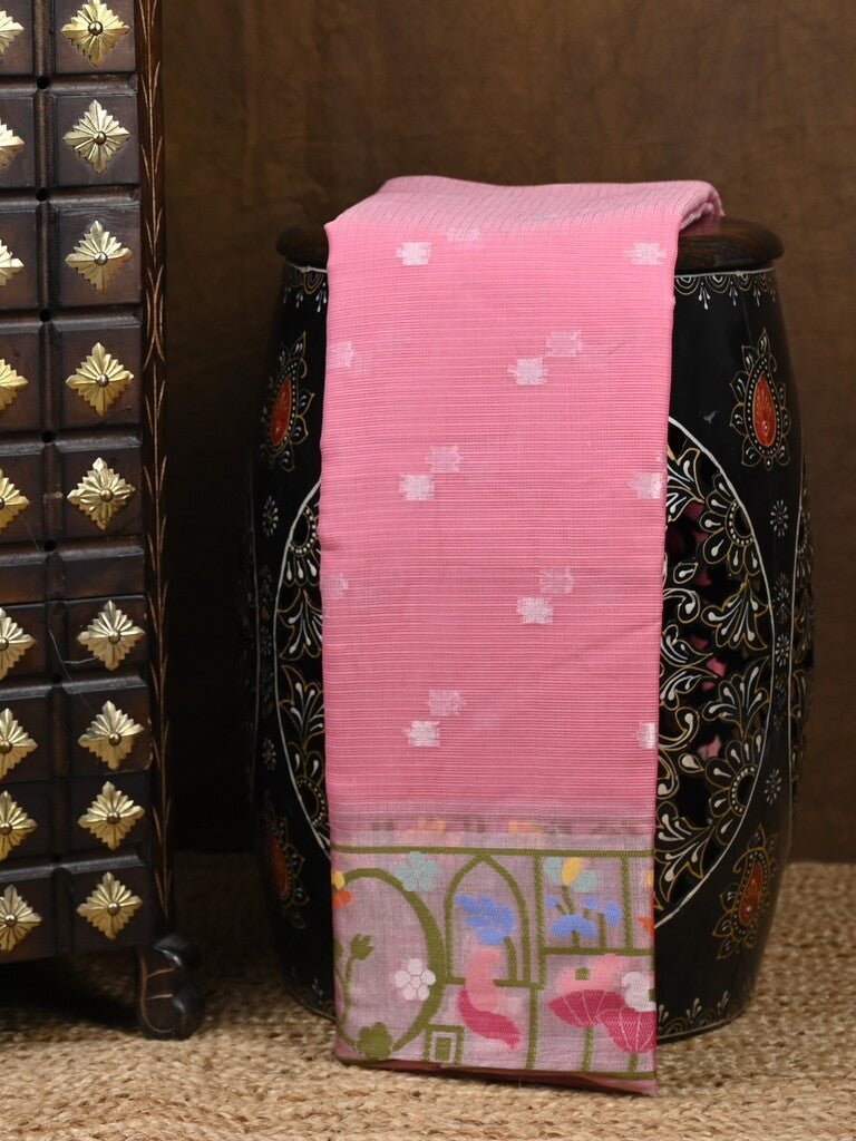 Kota fancy saree pink color allover zari motifs & zari border with self pallu and running blouse