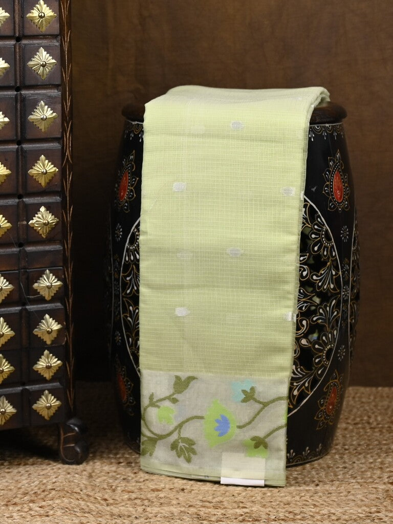 Kota fancy saree light green color allover zari motifs & zari border with self pallu and running blouse