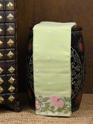 Kota fancy saree light green color allover zari motifs & zari border with self pallu and running blouse