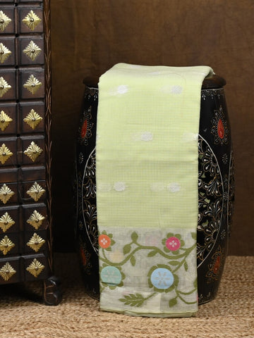 Kota fancy saree light green color allover zari motifs & zari border with self pallu and running blouse