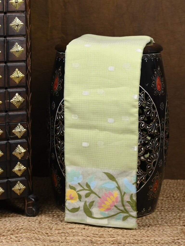 Kota fancy saree light green color allover zari motifs & zari border with self pallu and running blouse