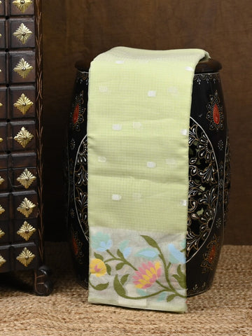 Kota fancy saree light green color allover zari motifs & zari border with self pallu and running blouse