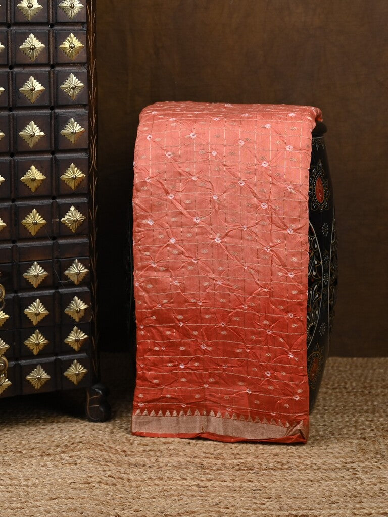 Munga bandhani fancy saree peach color allover work & small zari border with contrast pallu and blouse