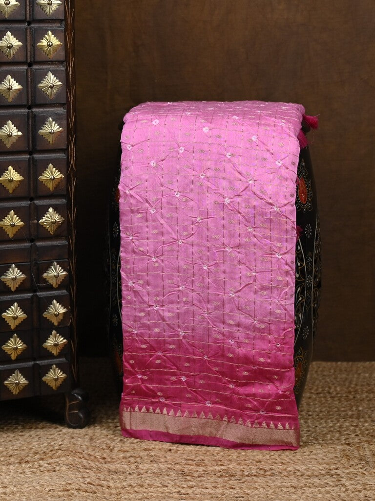 Munga bandhani fancy saree light purple color allover work & small zari border with contrast pallu and blouse