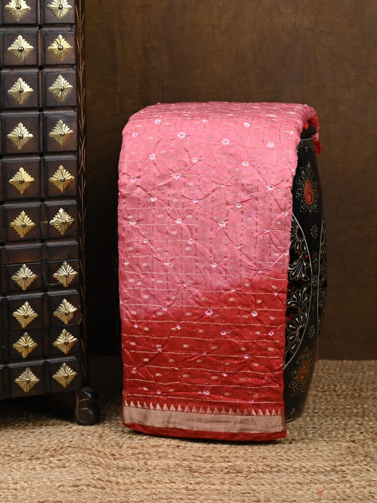 Munga bandhani fancy saree pink color allover work & small zari border with contrast pallu and blouse