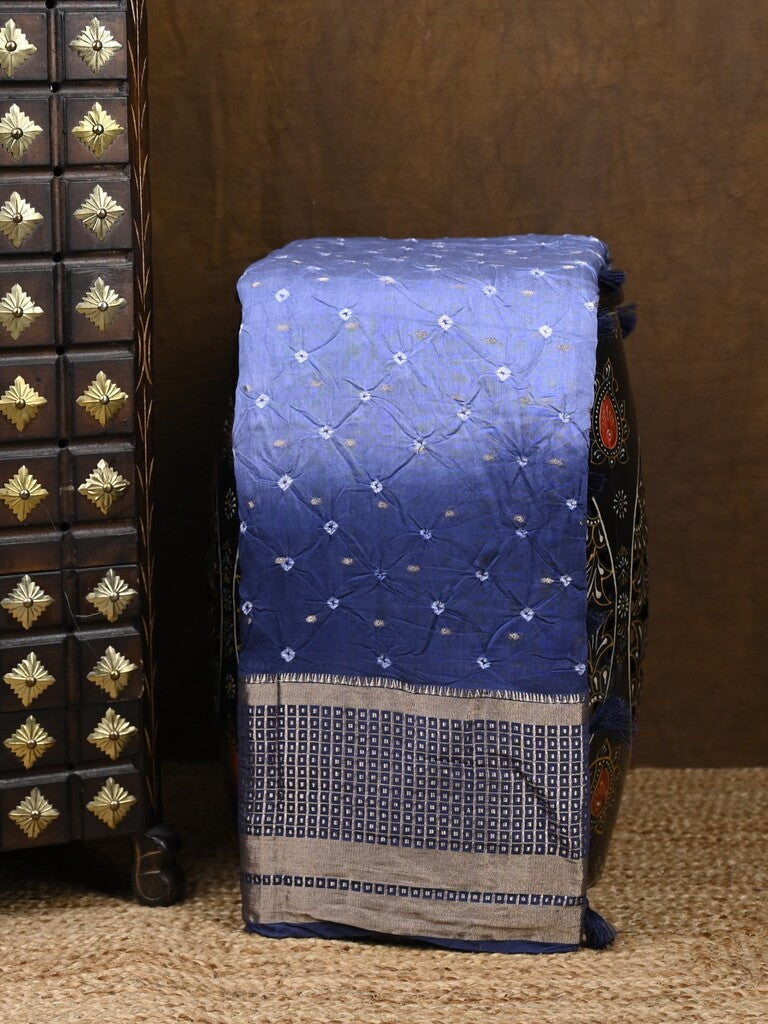 Munga bandhani fancy saree sky blue color allover work & zari border with contrast pallu and blouse