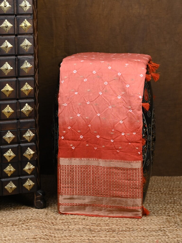 Munga bandhani fancy saree peach color allover work & zari border with contrast pallu and blouse