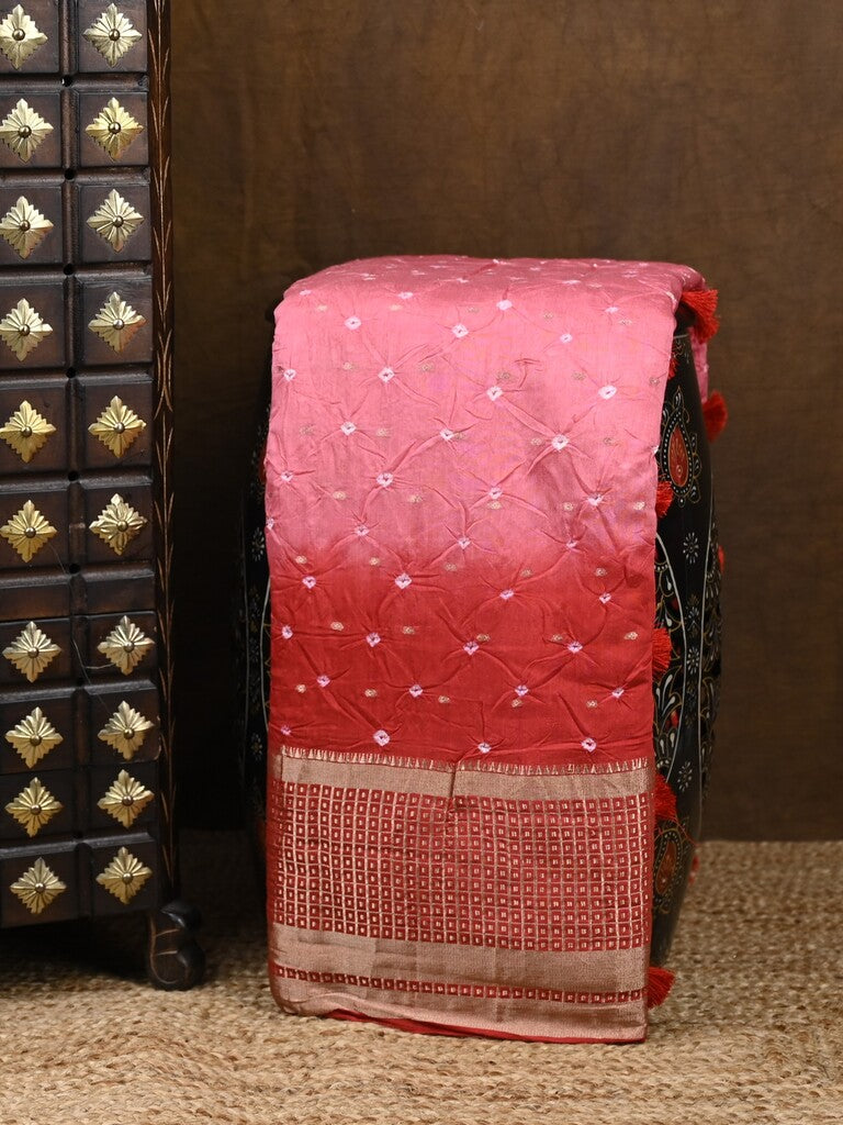 Munga bandhani fancy saree light pink color allover work & zari border with contrast pallu and blouse