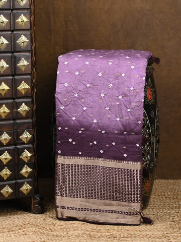 Munga bandhani fancy saree lavender color allover work & zari border with contrast pallu and blouse