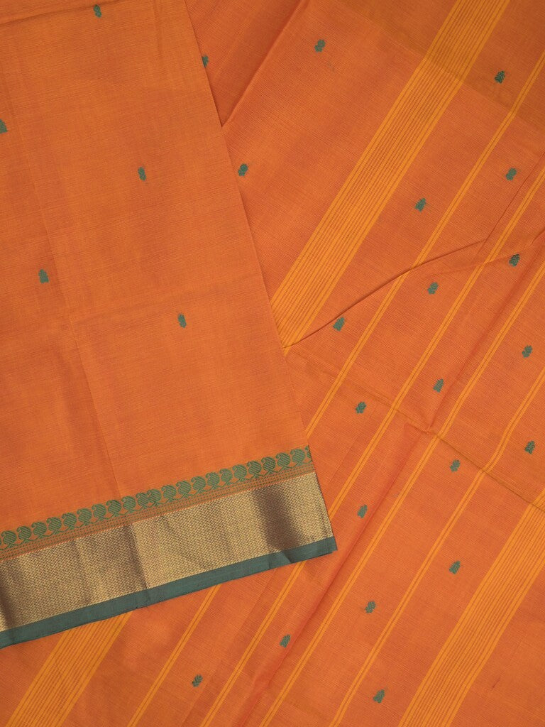 Kanchi cotton saree in orange color allover checks with self pallu and matching blouse