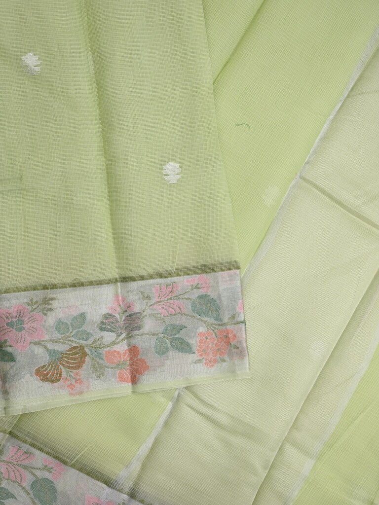 Kota fancy saree light green color allover zari motifs & zari border with self pallu and running blouse