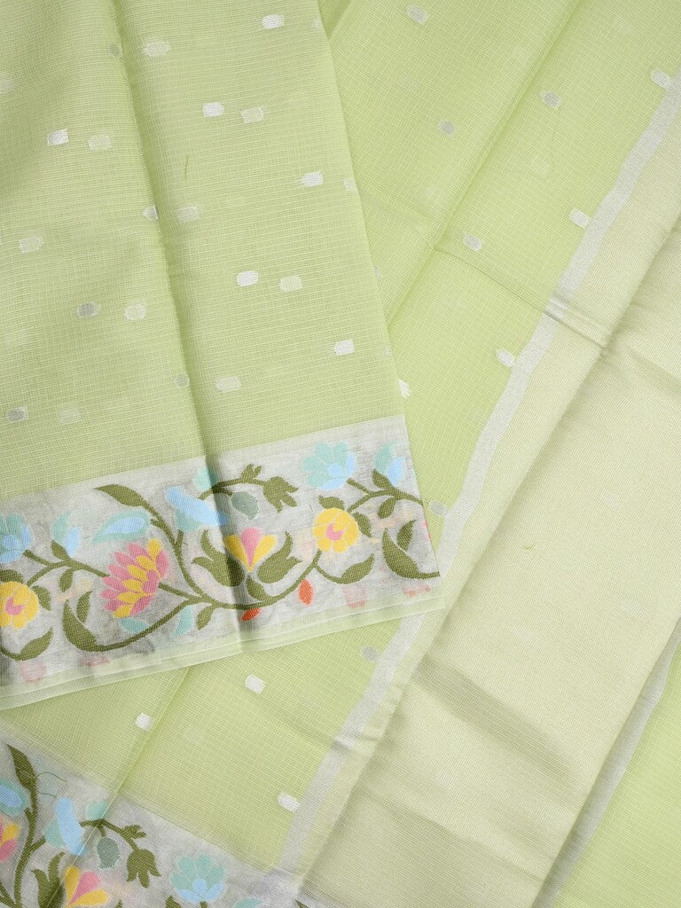 Kota fancy saree light green color allover zari motifs & zari border with self pallu and running blouse