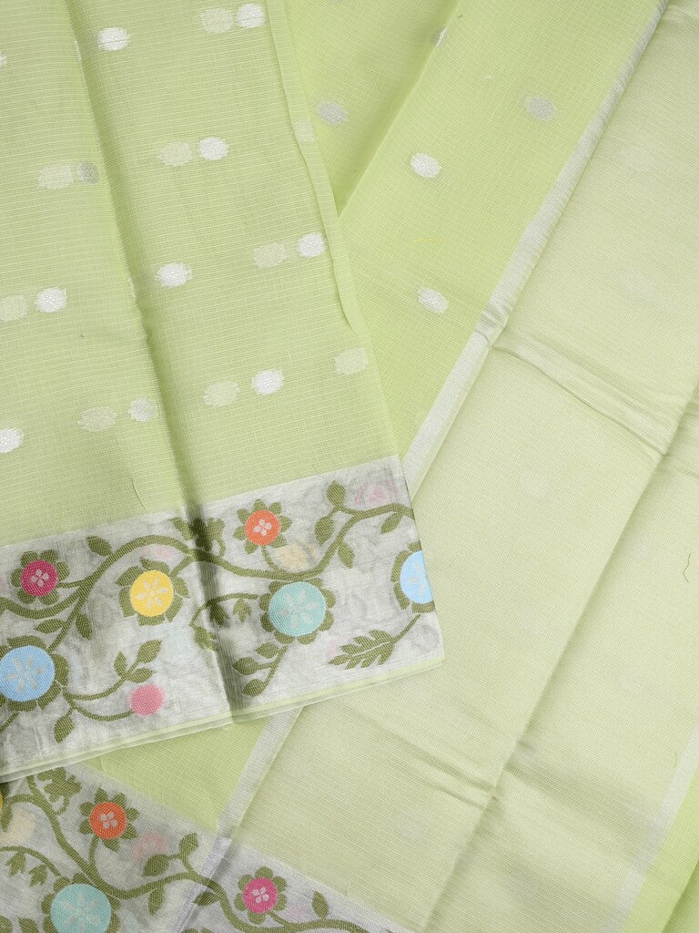 Kota fancy saree light green color allover zari motifs & zari border with self pallu and running blouse