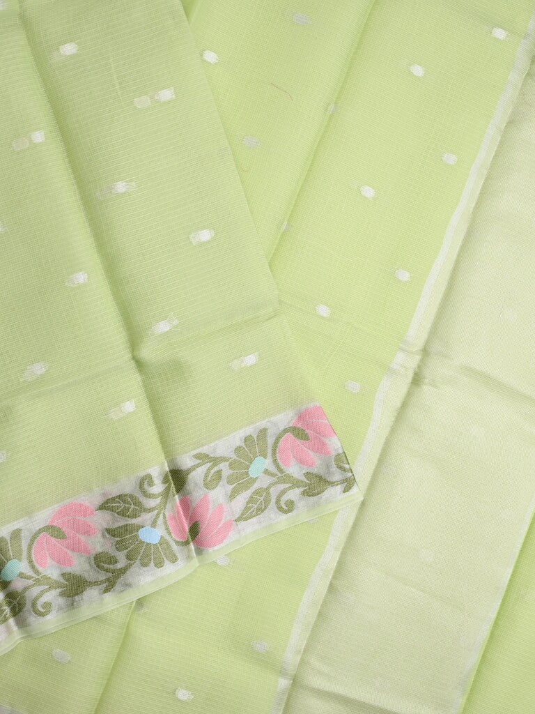 Kota fancy saree light green color allover zari motifs & zari border with self pallu and running blouse