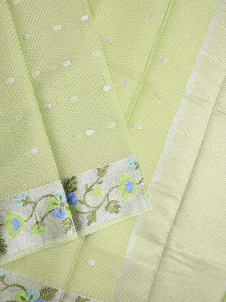 Kota fancy saree light green color allover zari motifs & zari border with self pallu and running blouse