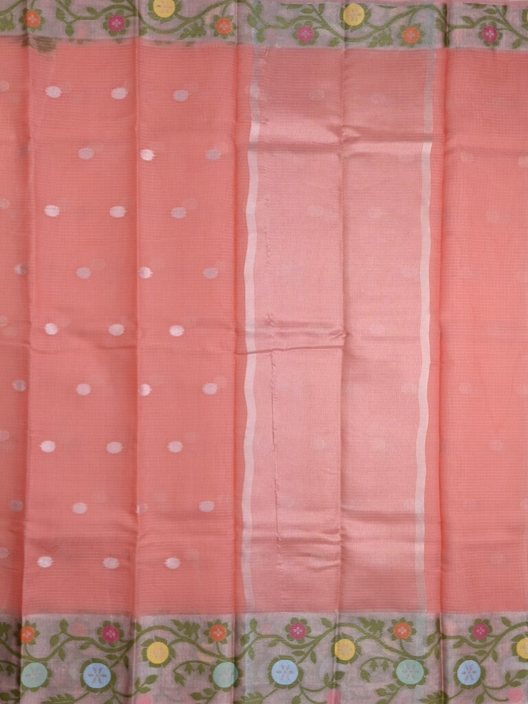Kota fancy saree peach color allover zari motifs & zari border with self pallu and running blouse