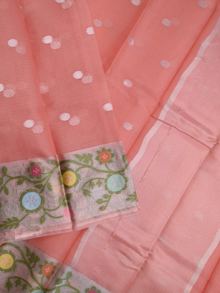 Kota fancy saree peach color allover zari motifs & zari border with self pallu and running blouse