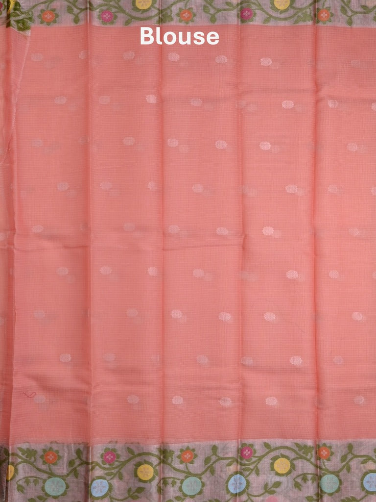 Kota fancy saree peach color allover zari motifs & zari border with self pallu and running blouse