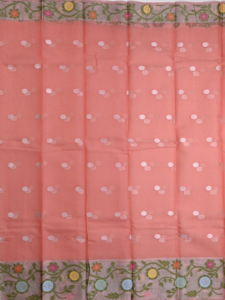 Kota fancy saree peach color allover zari motifs & zari border with self pallu and running blouse